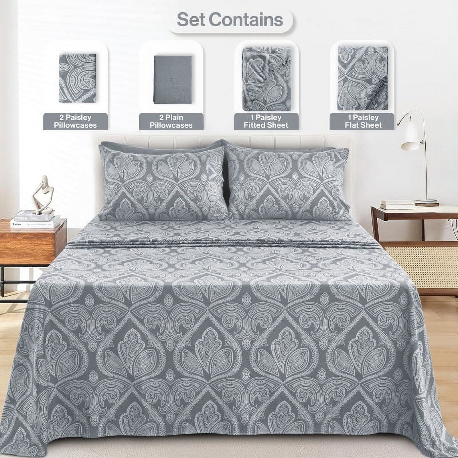 6-Piece Bed Sheet Set, Deep Pocket Queen Sheets Up to 16 Inch, 1 Flat Sheet , 1 Fitted Sheet & 4 Pillowcases (Queen, ... - Image 2