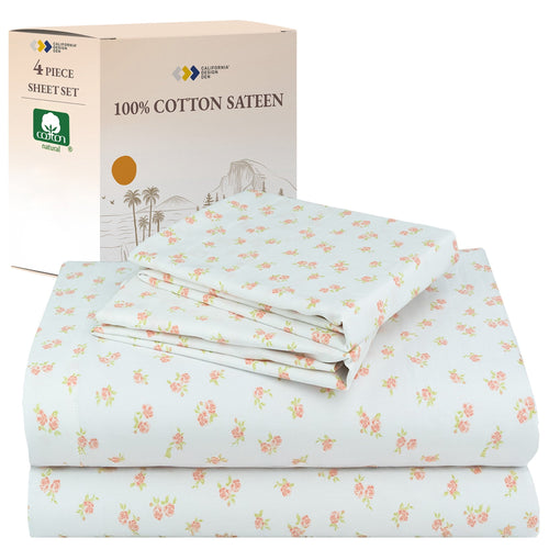 4 Piece Printed Floral Bed Sheets Queen Size Set - 100% Cotton Sheets Queen, Soft Sateen Bedsheets, Deep Pocket Queen...